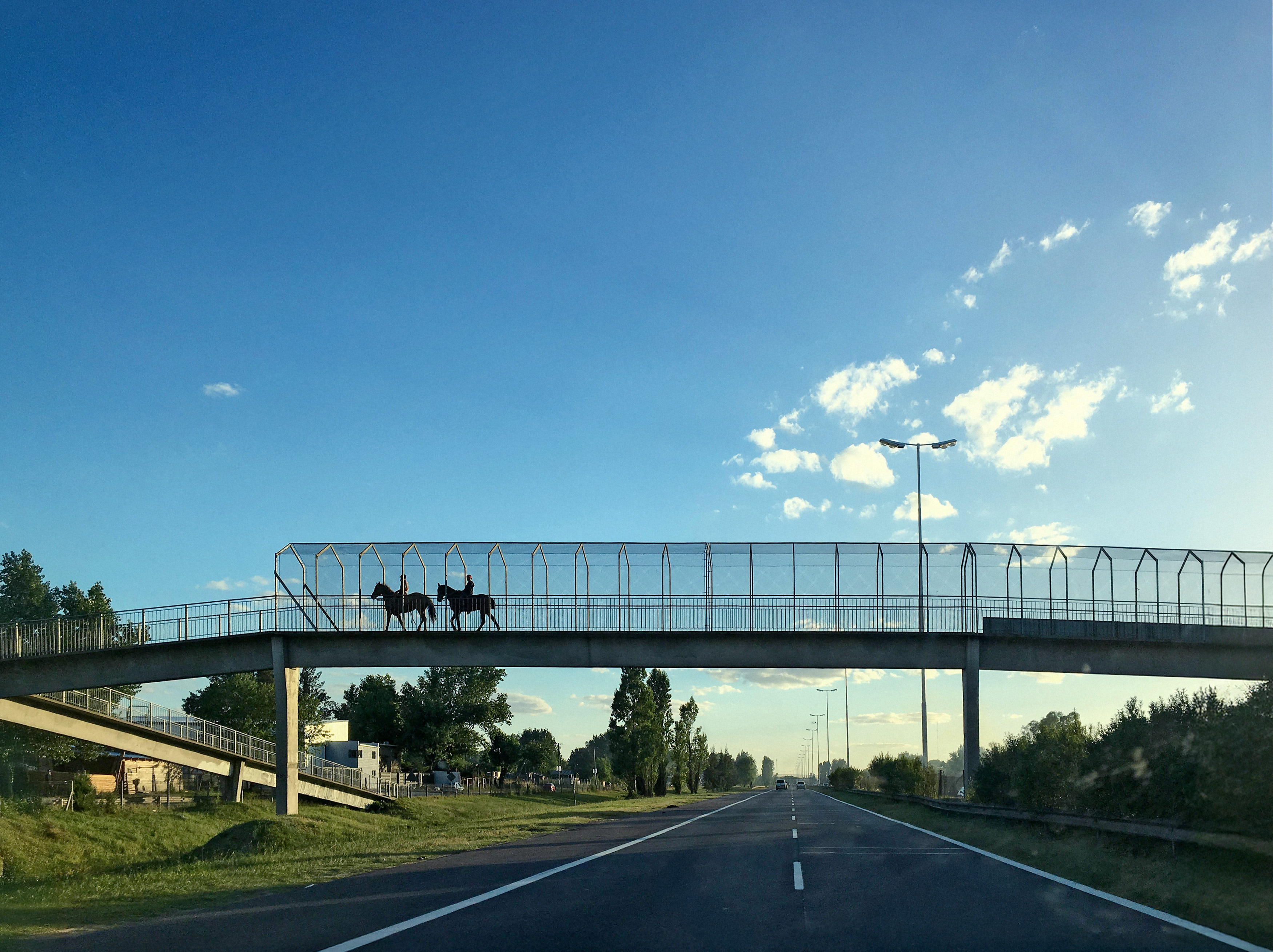 Dos personas a caballo cruzan un puente peatonal sobre una autopista del conurbano